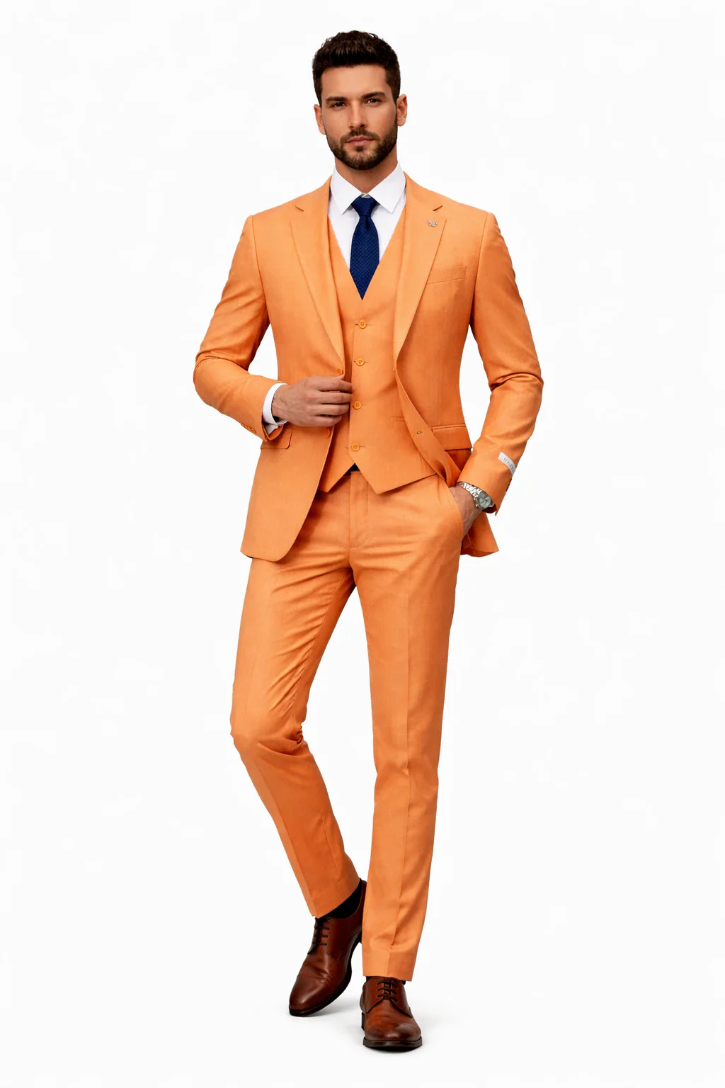 Mens Two Button Notch Lapel Fancy Vested Suit in Orange - Image 6
