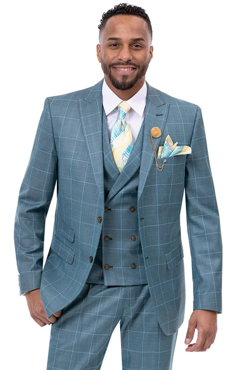 EJ Samuel Teal Windowpane Plaid 2-Button Vested Suit