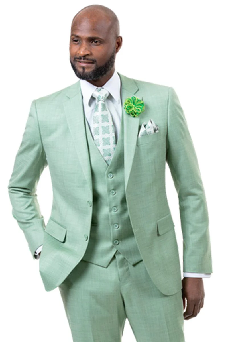 EJ Samuel Moss Green Sharkskin Weave Two-Button Vested Business Suit