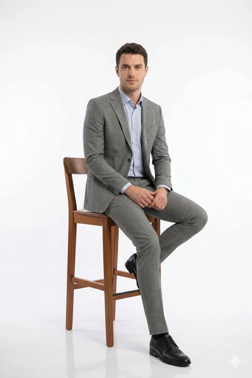 "Grey Plaid Skinny Fit Men's Suit with Two-Button Vest - Low Cut" - Image 10