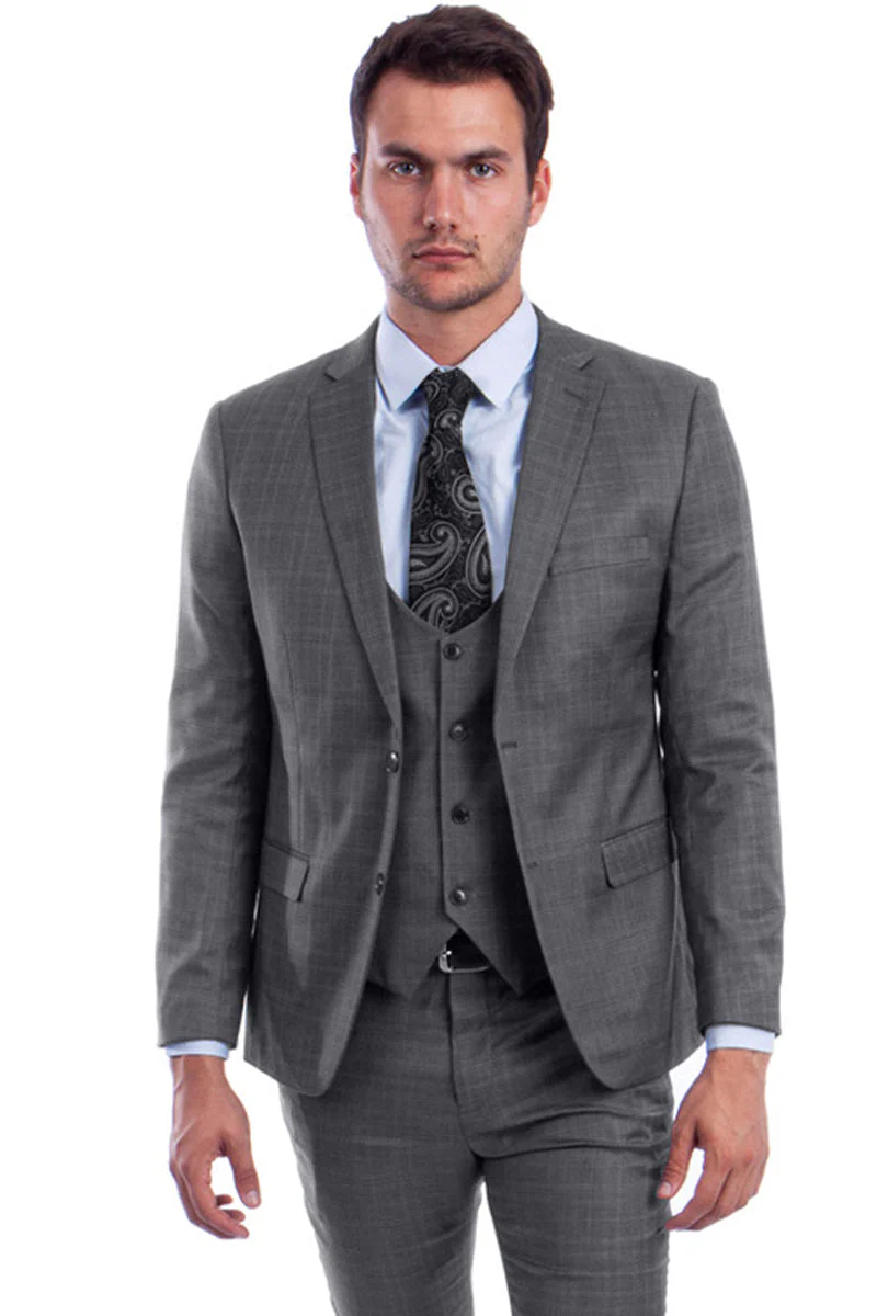 "Grey Plaid Skinny Fit Men's Suit with Two-Button Vest - Low Cut" - Image 11