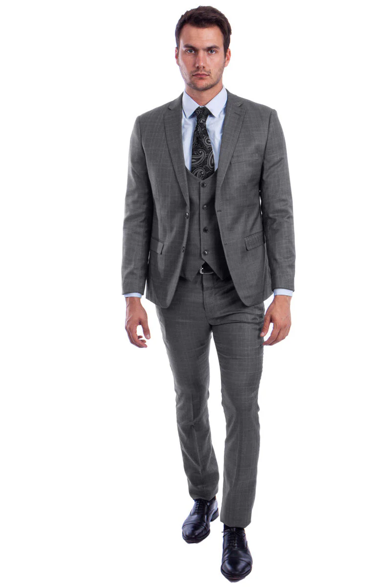 "Grey Plaid Skinny Fit Men's Suit with Two-Button Vest - Low Cut" - Image 12