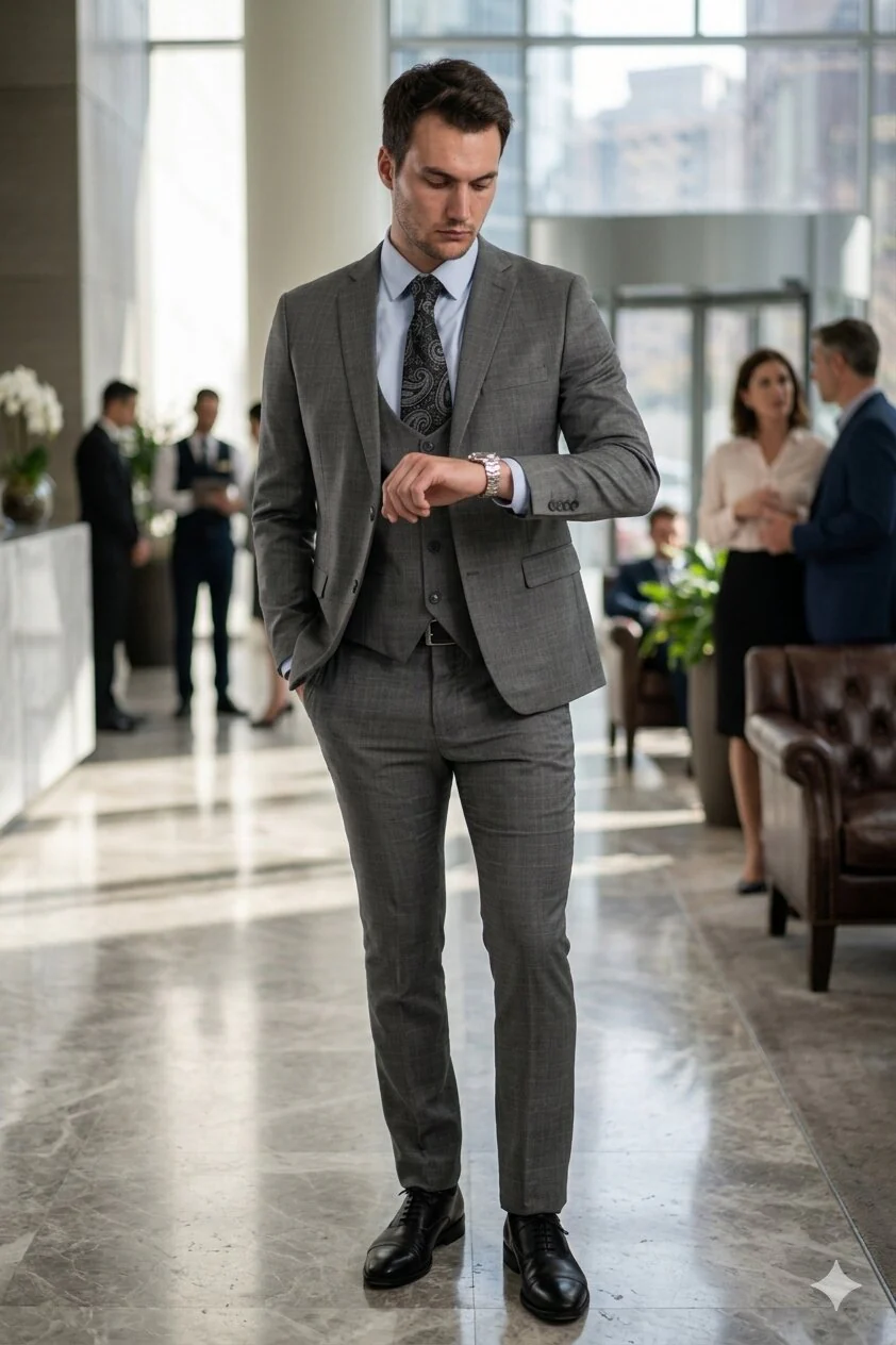 "Grey Plaid Skinny Fit Men's Suit with Two-Button Vest - Low Cut" - Image 3