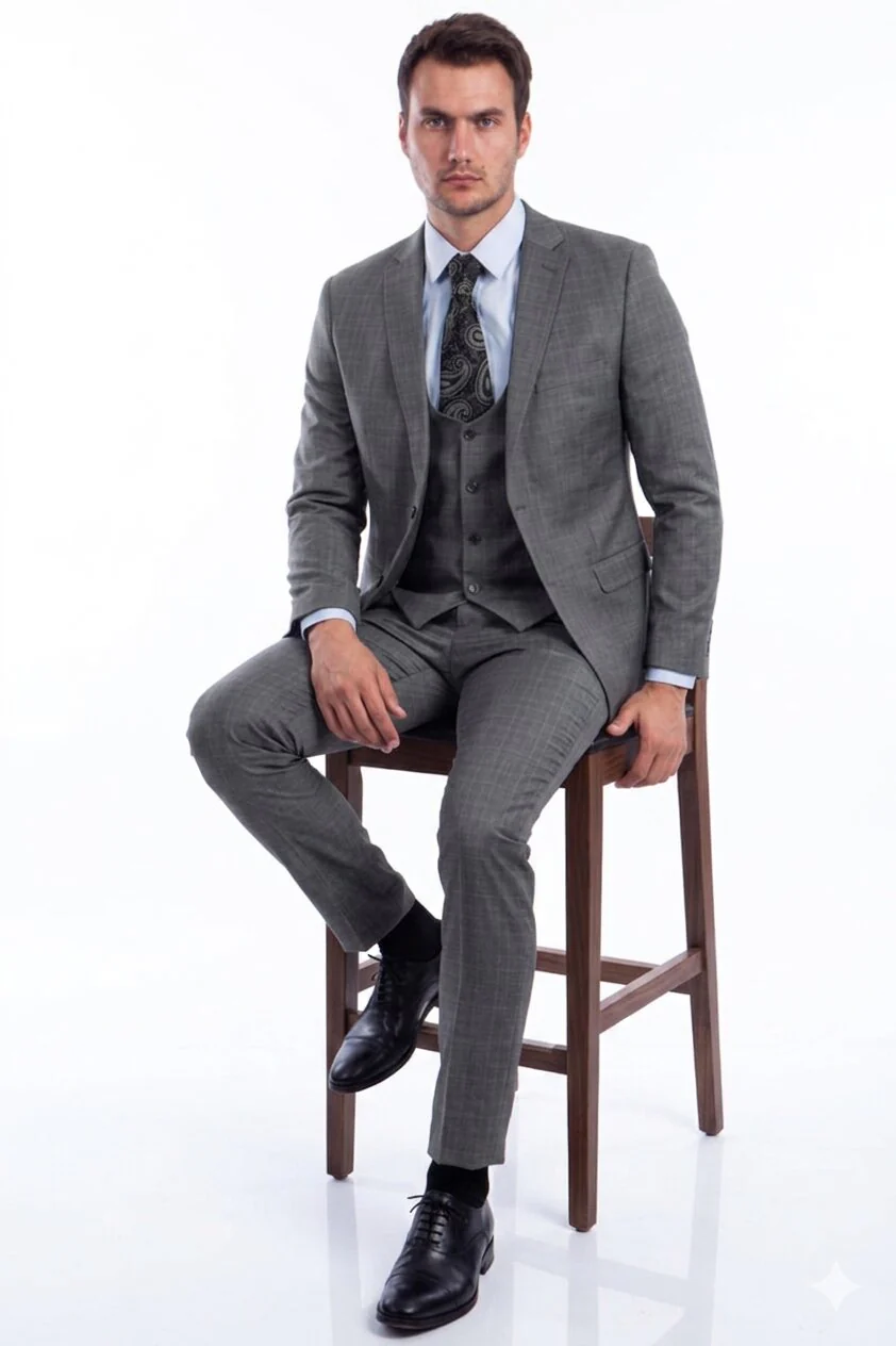 "Grey Plaid Skinny Fit Men's Suit with Two-Button Vest - Low Cut" - Image 4