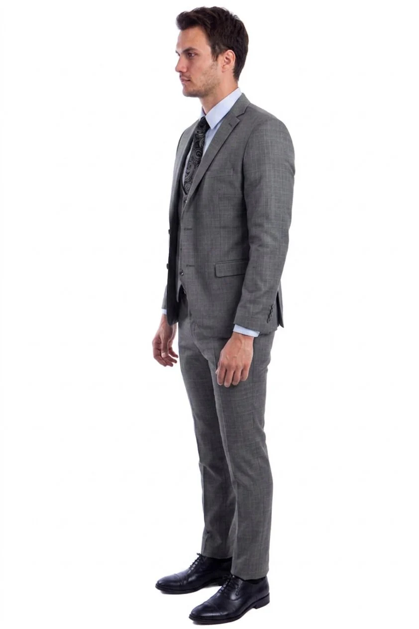 "Grey Plaid Skinny Fit Men's Suit with Two-Button Vest - Low Cut" - Image 5