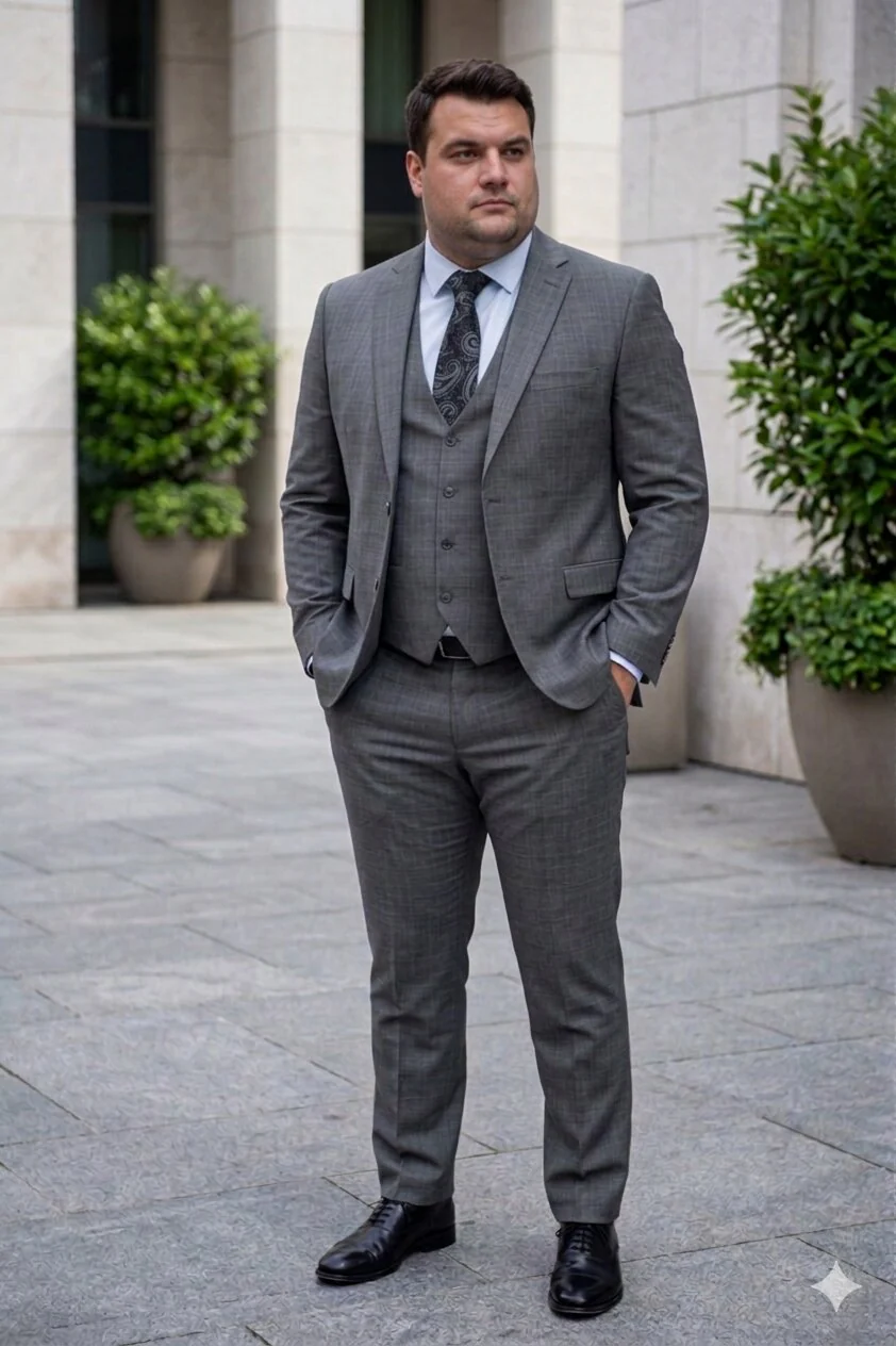 "Grey Plaid Skinny Fit Men's Suit with Two-Button Vest - Low Cut" - Image 6