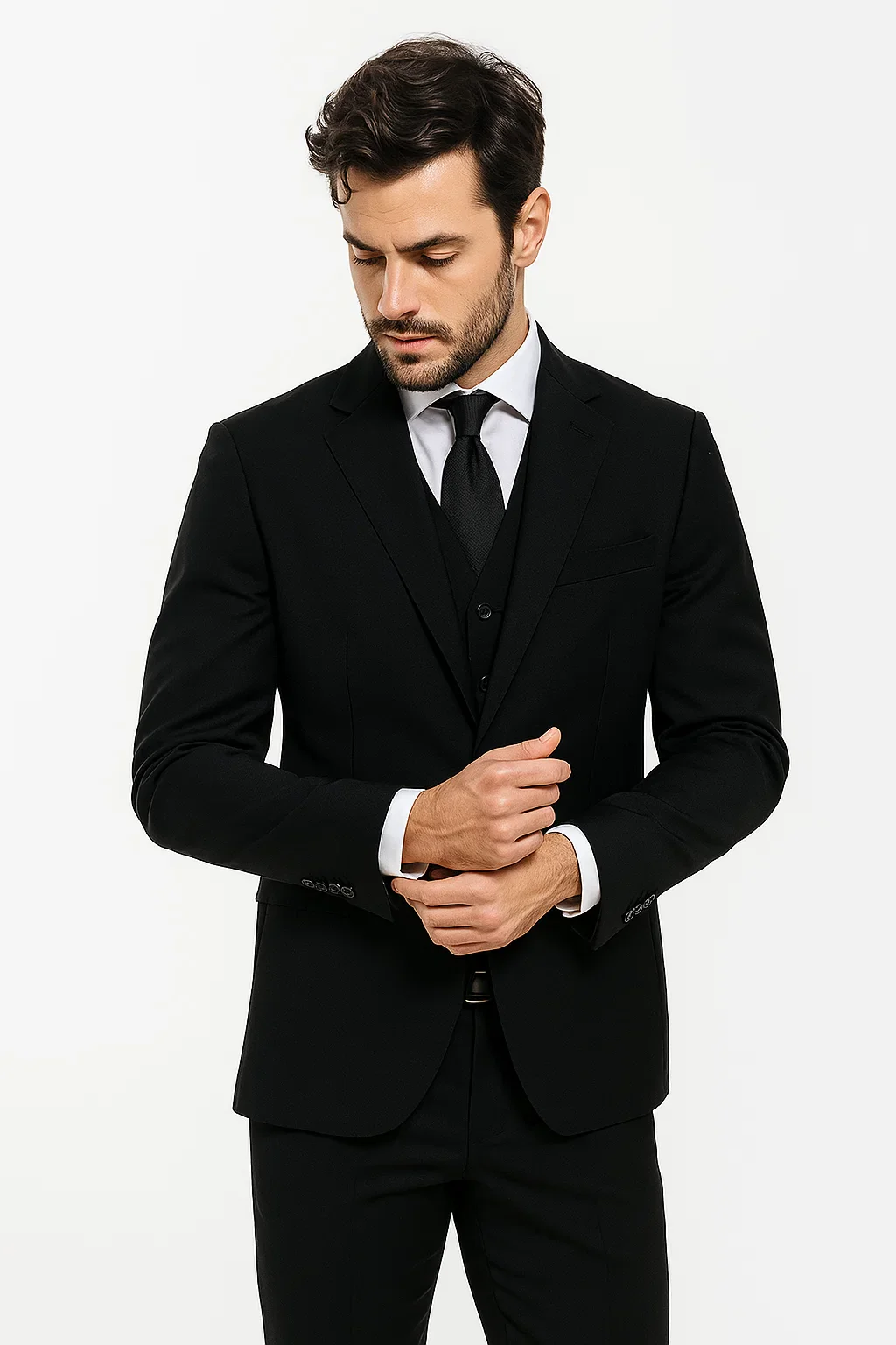 Black Birdseye Pattern Slim Fit Men's Two Button Vested Suit - Image 4
