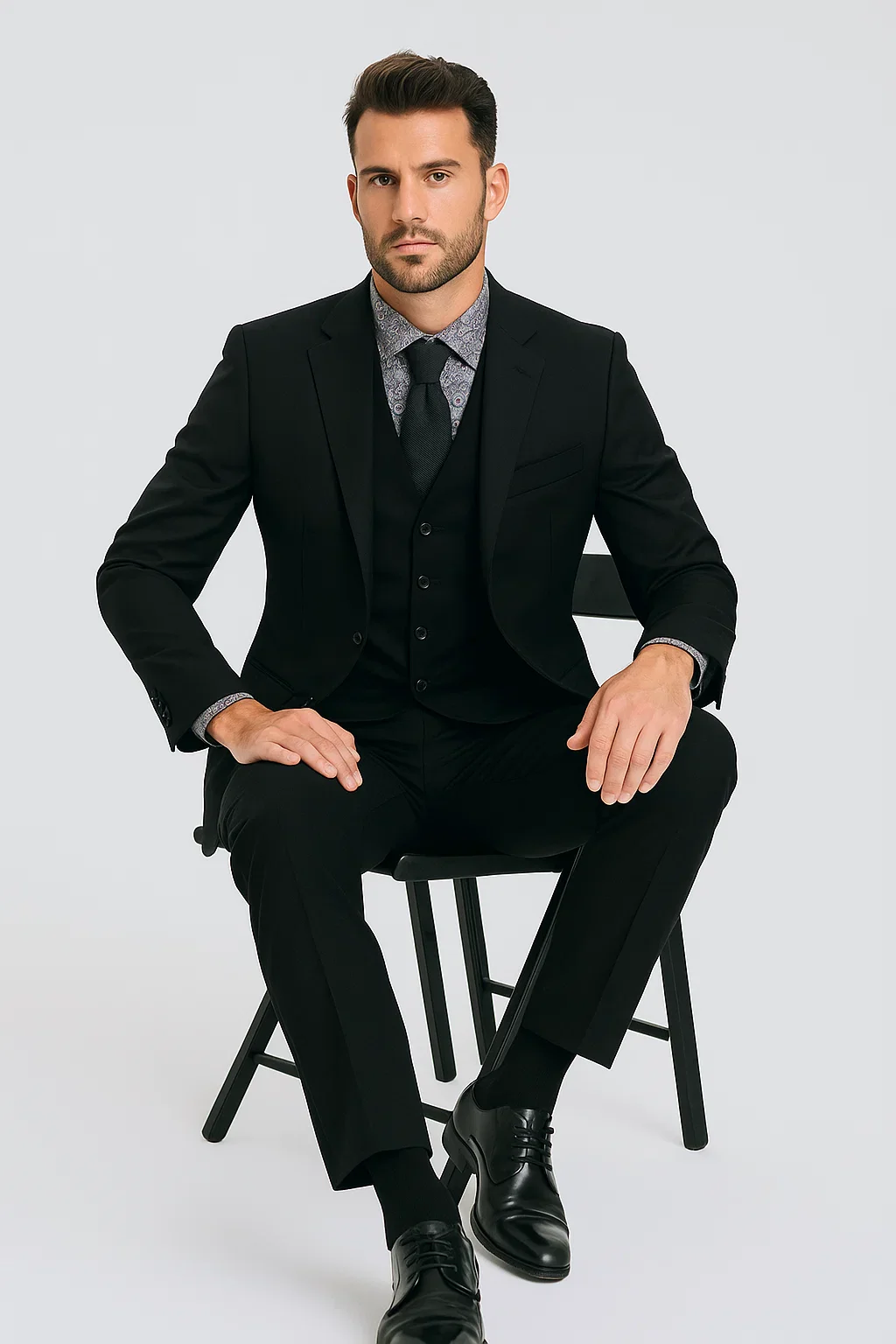 Black Birdseye Pattern Slim Fit Men's Two Button Vested Suit - Image 5