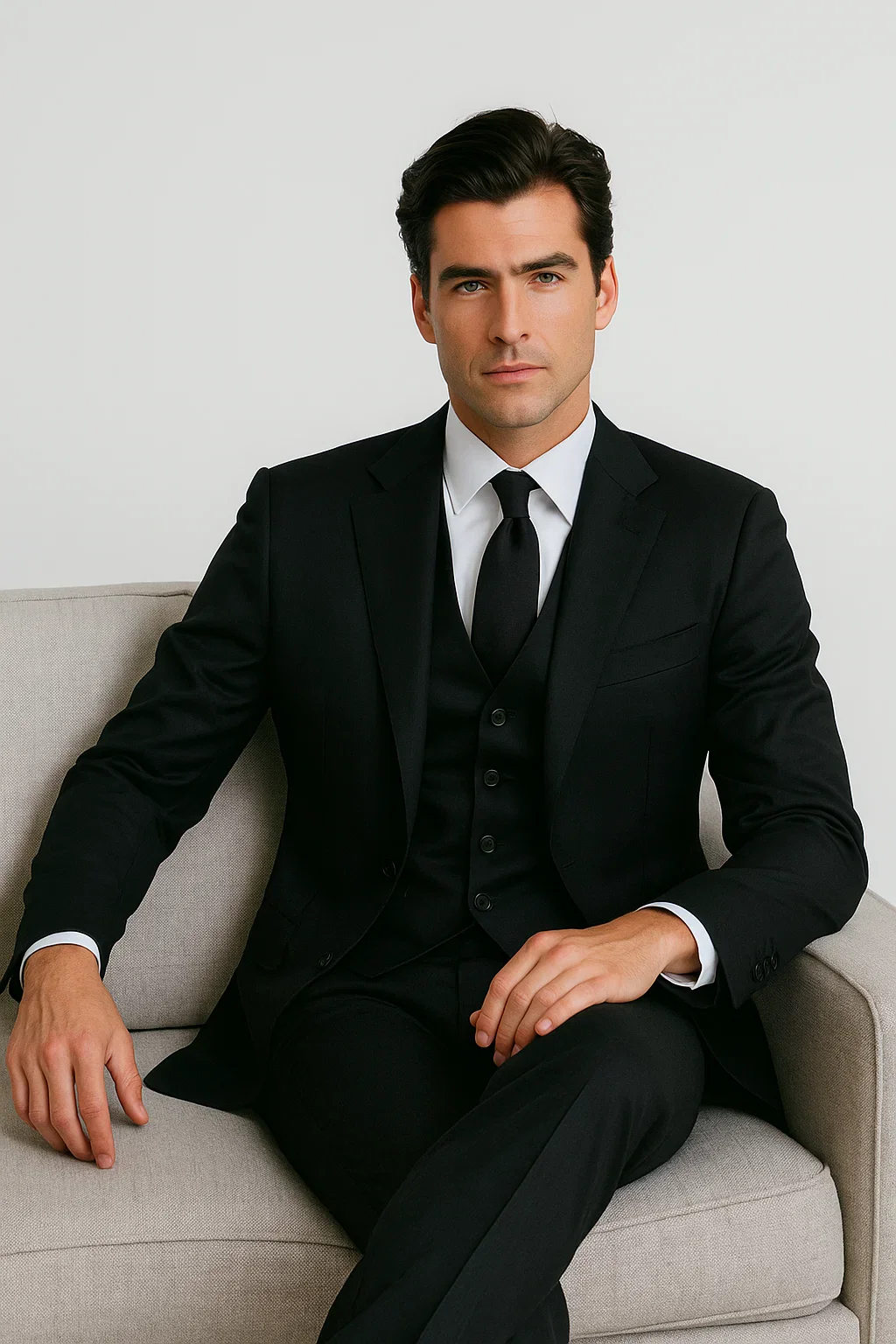 Black Birdseye Pattern Slim Fit Men's Two Button Vested Suit - Image 7
