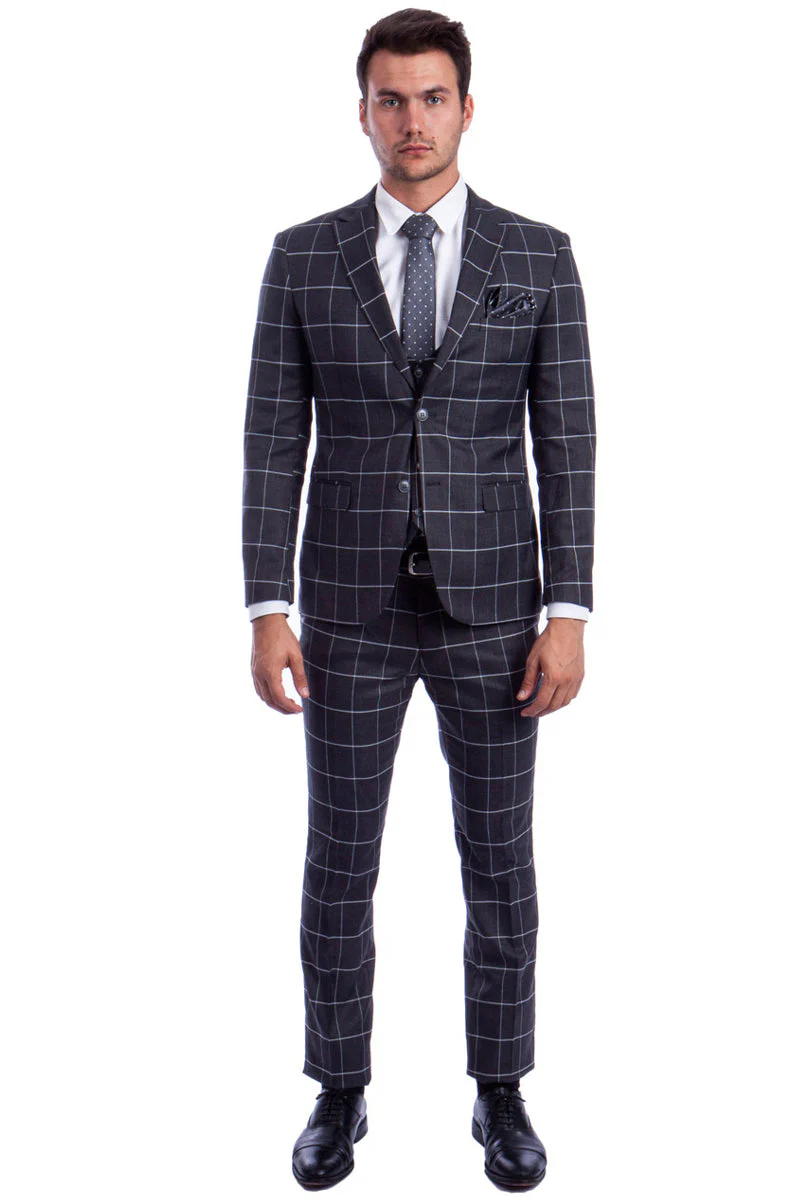 "Grey & White Windowpane Plaid Men's Slim Fit Two Button Vested Suit" - Image 2
