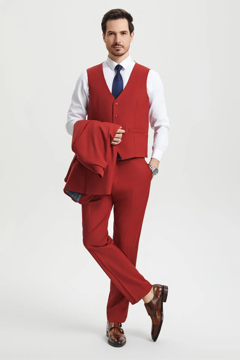 Men's Two Button Vested Stacy Adams Basic Designer Suit in Brick - Image 3
