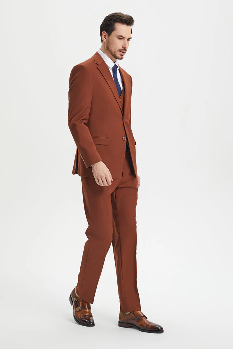 Men's Two Button Vested Stacy Adams Basic Designer Suit in Brown Rust - Image 5