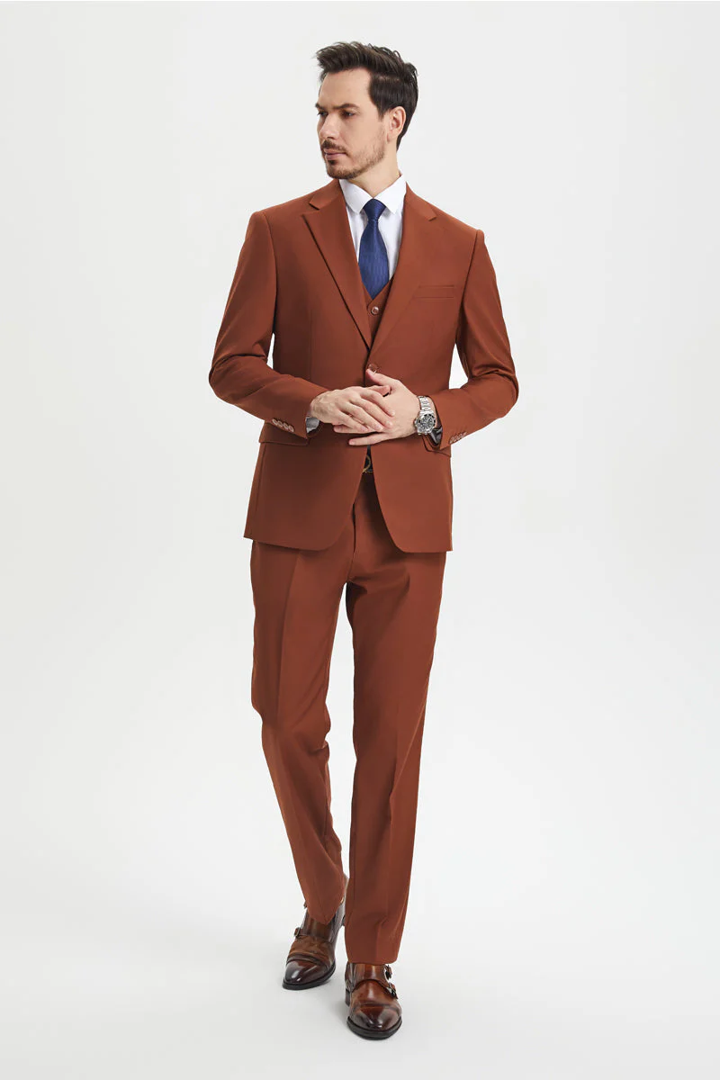 Men's Two Button Vested Stacy Adams Basic Designer Suit in Brown Rust - Image 6