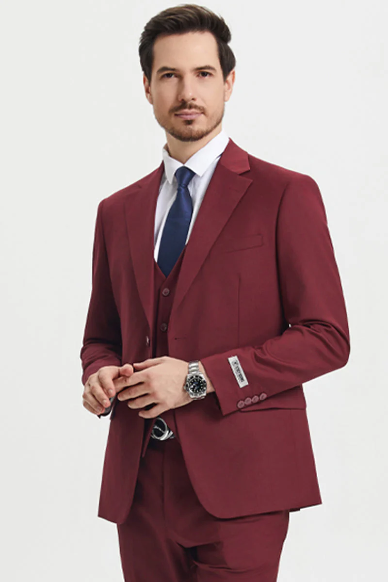 Men's Two Button Vested Stacy Adams Basic Designer Suit in Burgundy