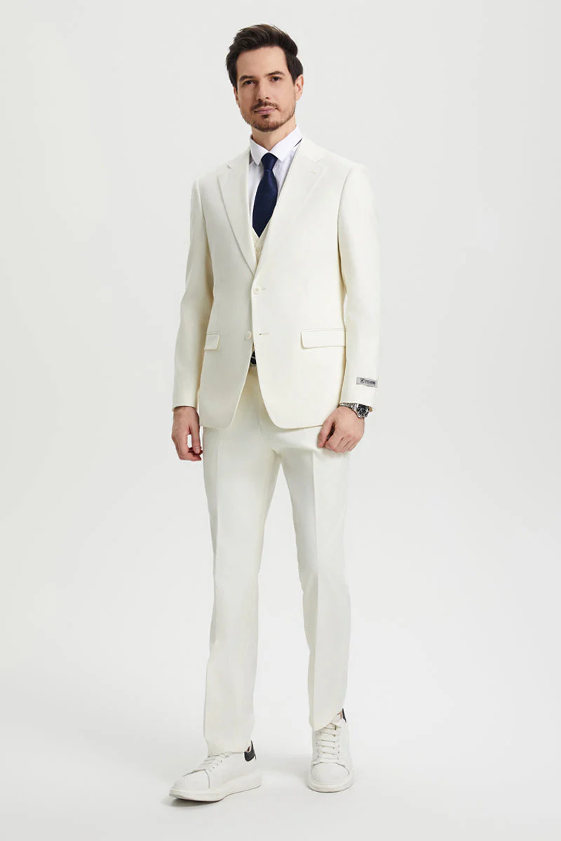Men's Two Button Vested Stacy Adams Basic Designer Suit in Ivory Off White - Image 3