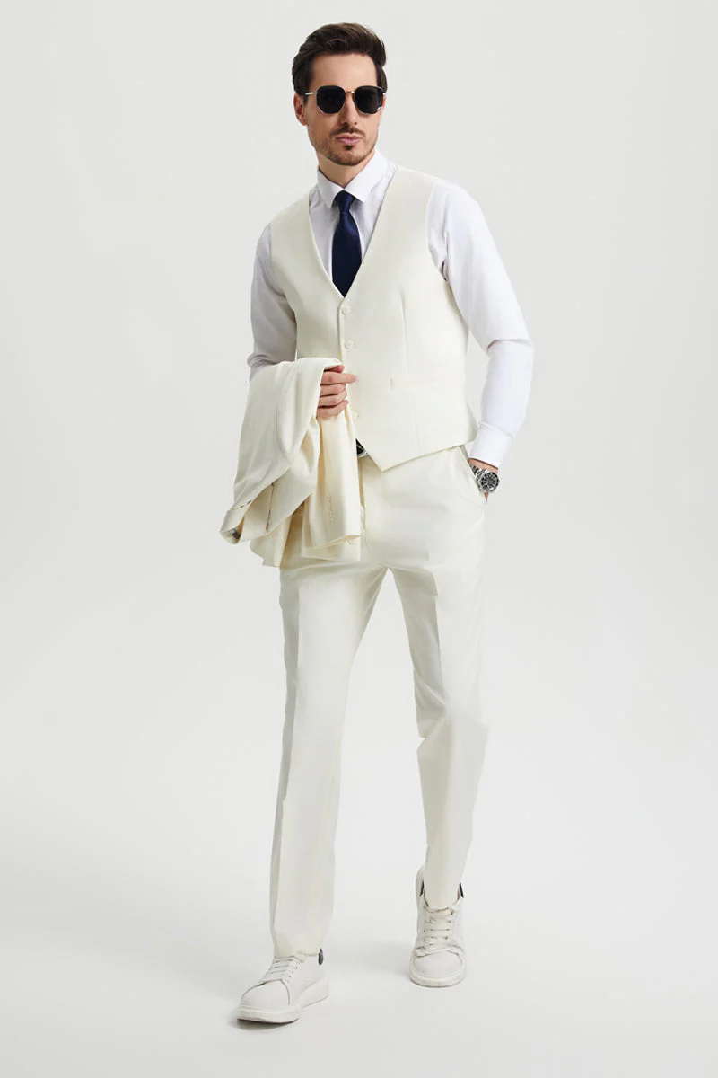 Men's Two Button Vested Stacy Adams Basic Designer Suit in Ivory Off White - Image 4
