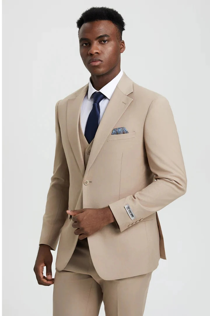 Men's Two Button Vested Stacy Adams Basic Designer Suit in Tan - Image 4