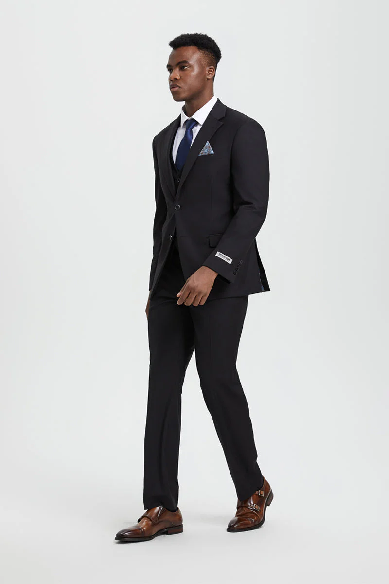 Men's Two Button Vested Stacy Adams Designer Basic Suit in Black - Image 3