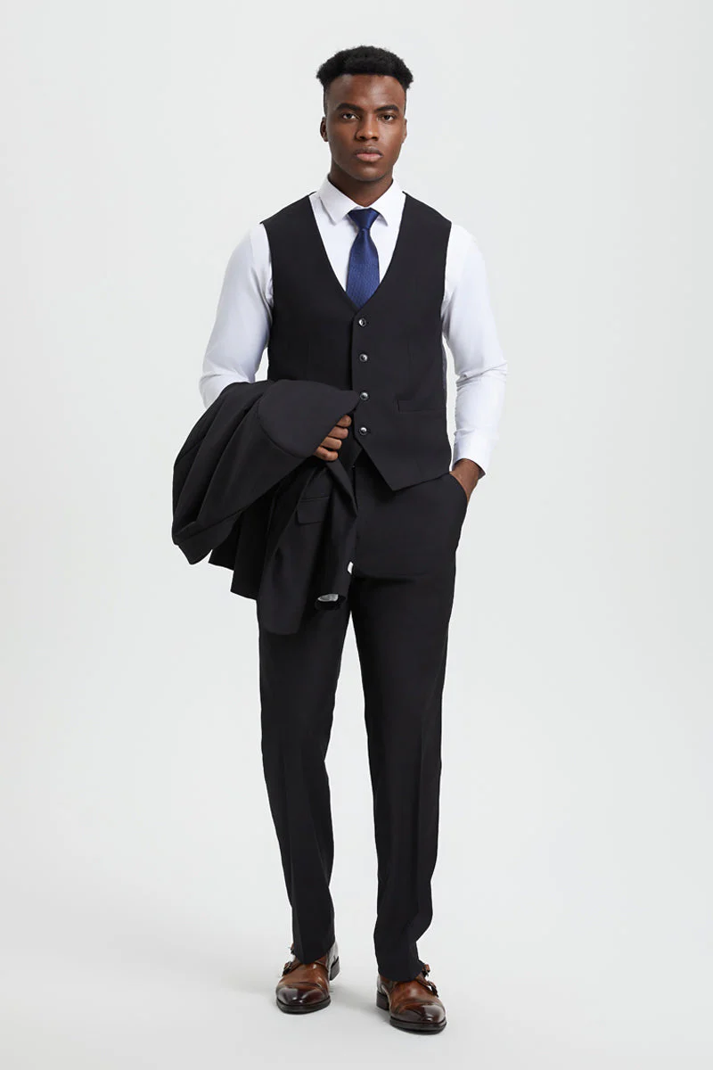 Men's Two Button Vested Stacy Adams Designer Basic Suit in Black - Image 4