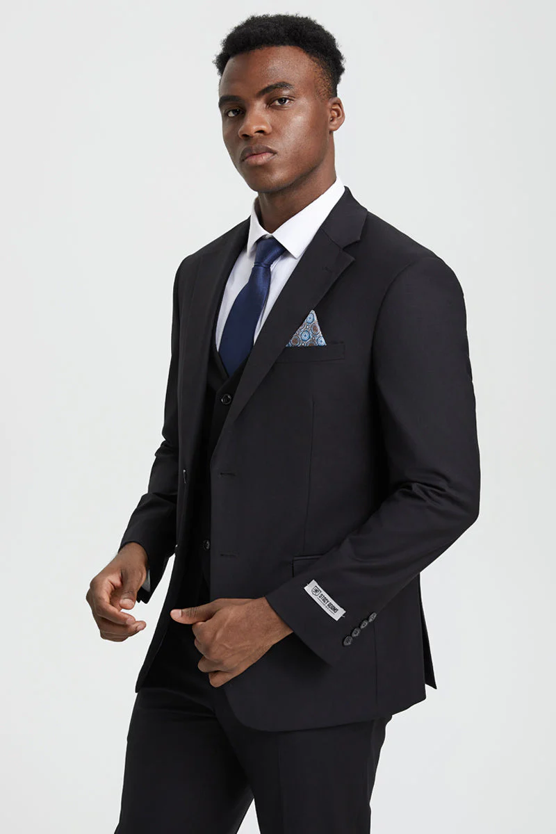 Men's Two Button Vested Stacy Adams Designer Basic Suit in Black - Image 6