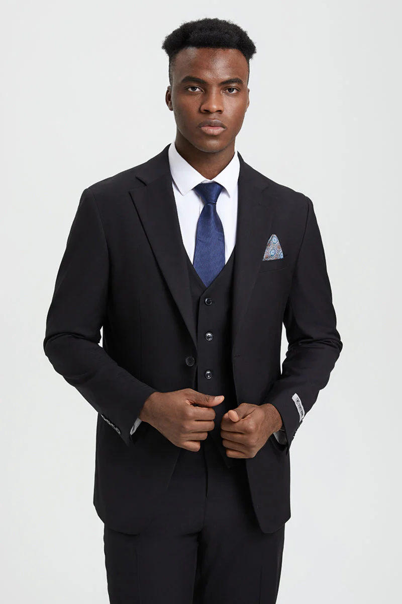 Men's Two Button Vested Stacy Adams Designer Basic Suit in Black - Image 7