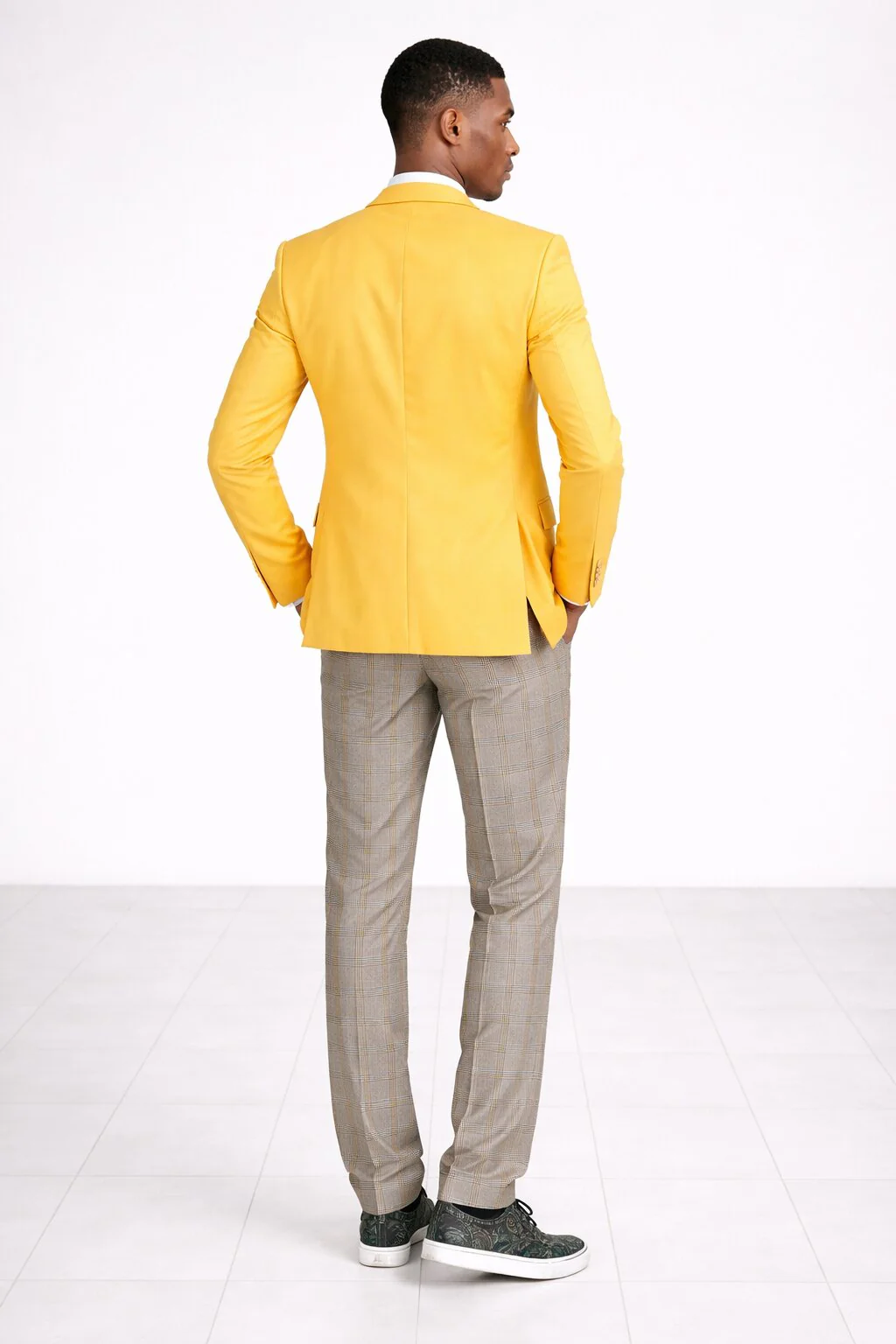 "Canary Yellow Men's Summer Suit with Two Button Vest & Plaid Pants" - Image 10