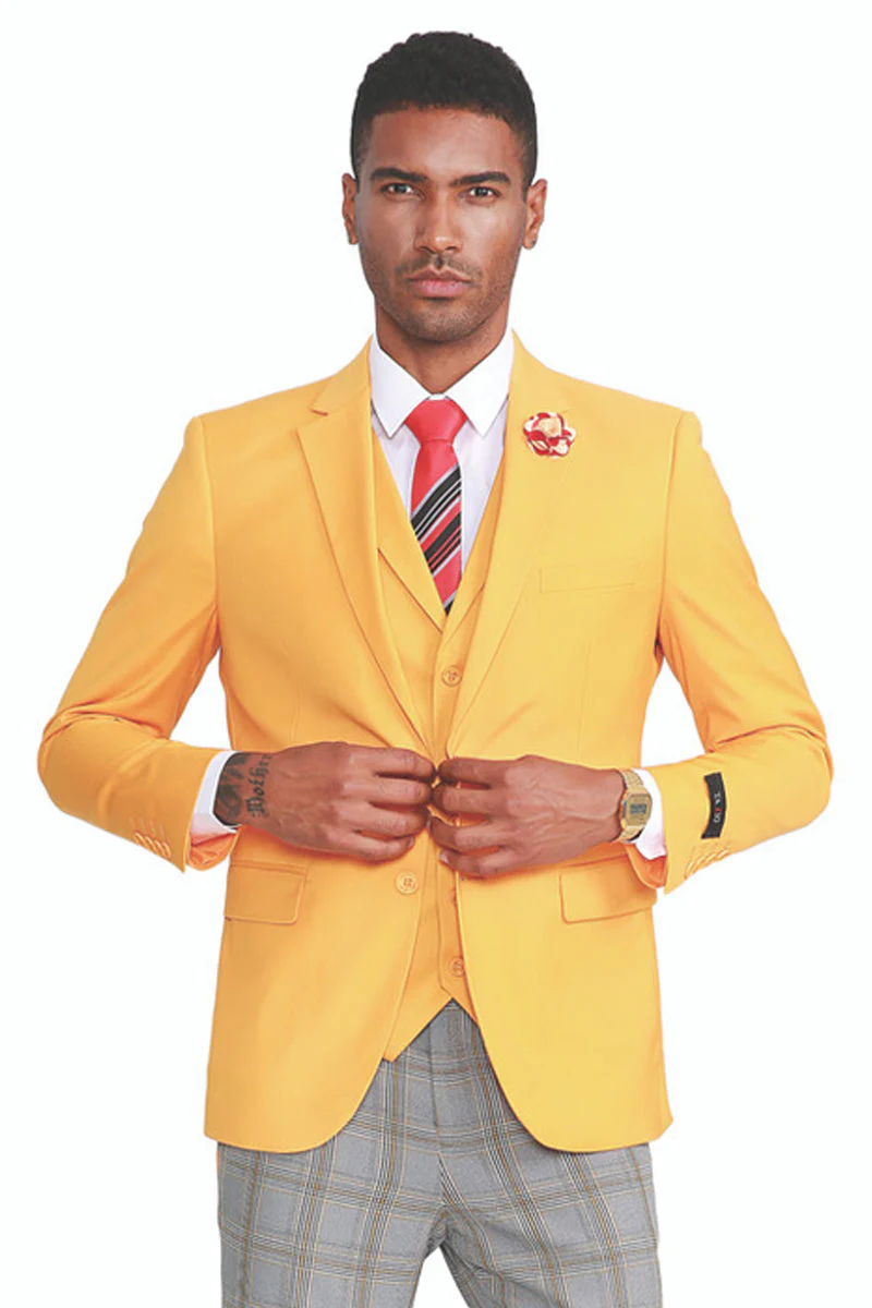 "Canary Yellow Men's Summer Suit with Two Button Vest & Plaid Pants" - Image 11