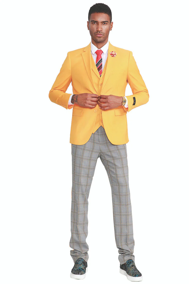 "Canary Yellow Men's Summer Suit with Two Button Vest & Plaid Pants" - Image 12