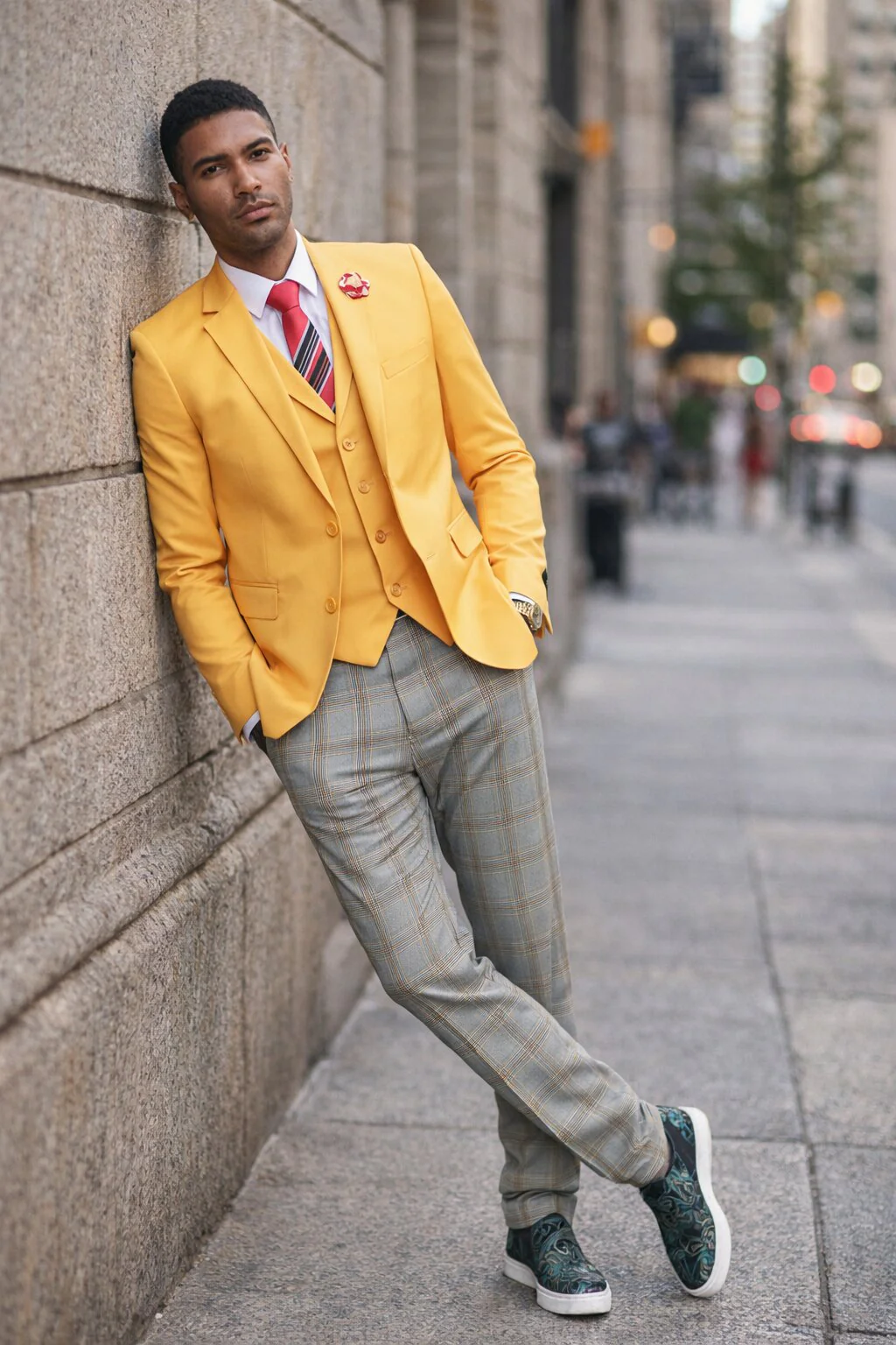 "Canary Yellow Men's Summer Suit with Two Button Vest & Plaid Pants" - Image 2