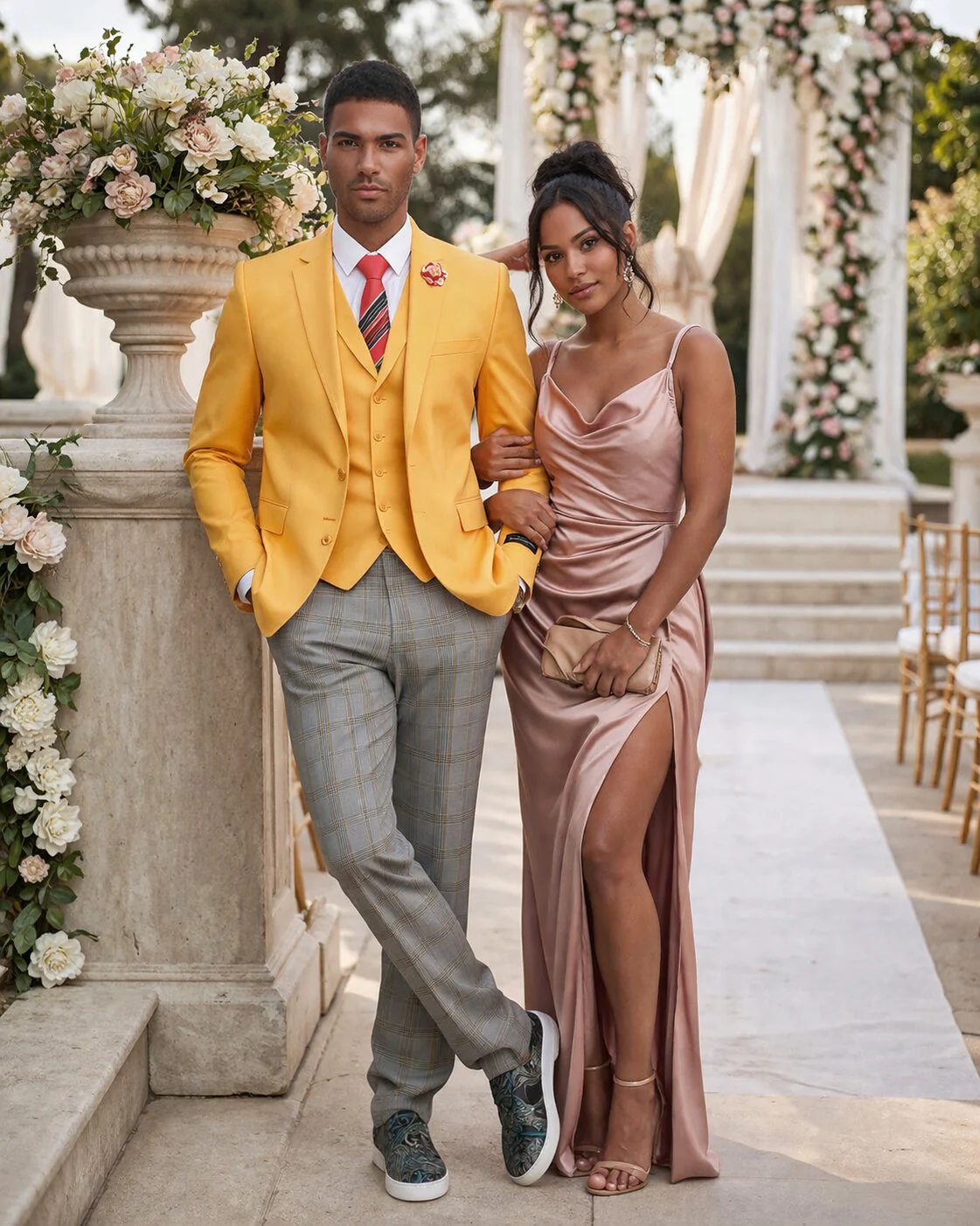 "Canary Yellow Men's Summer Suit with Two Button Vest & Plaid Pants" - Image 3