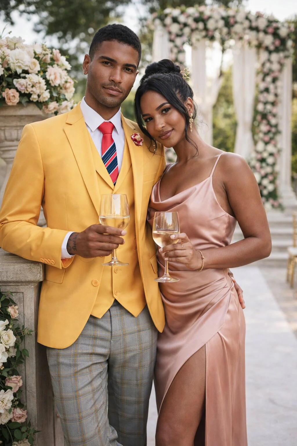 "Canary Yellow Men's Summer Suit with Two Button Vest & Plaid Pants" - Image 4