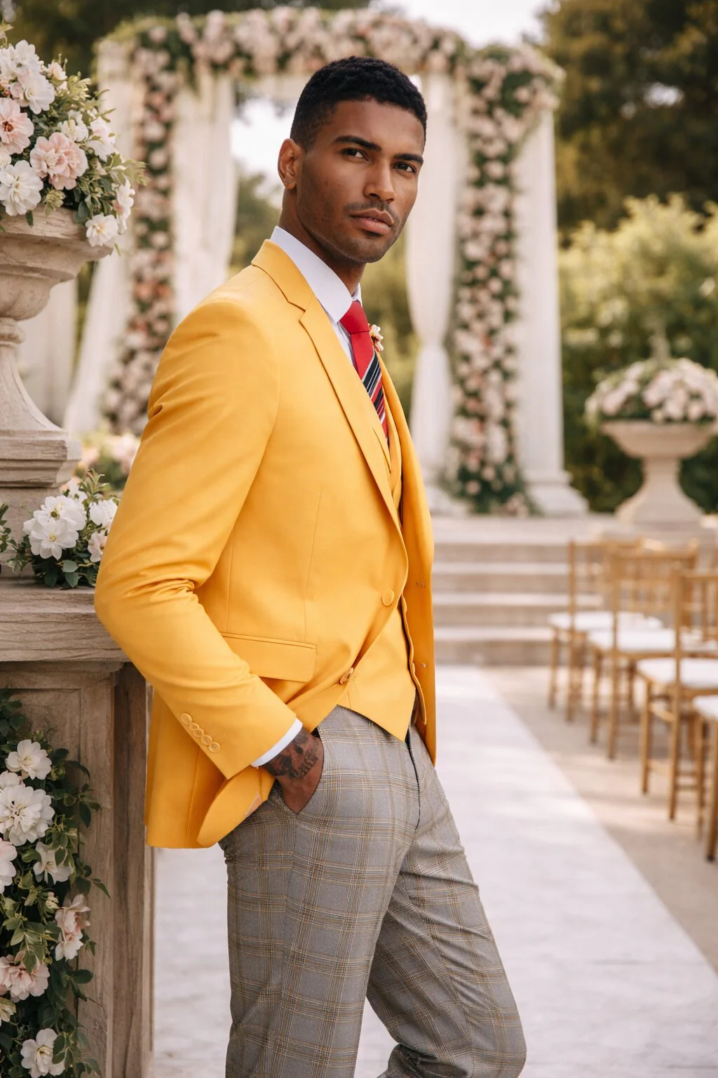 "Canary Yellow Men's Summer Suit with Two Button Vest & Plaid Pants" - Image 5