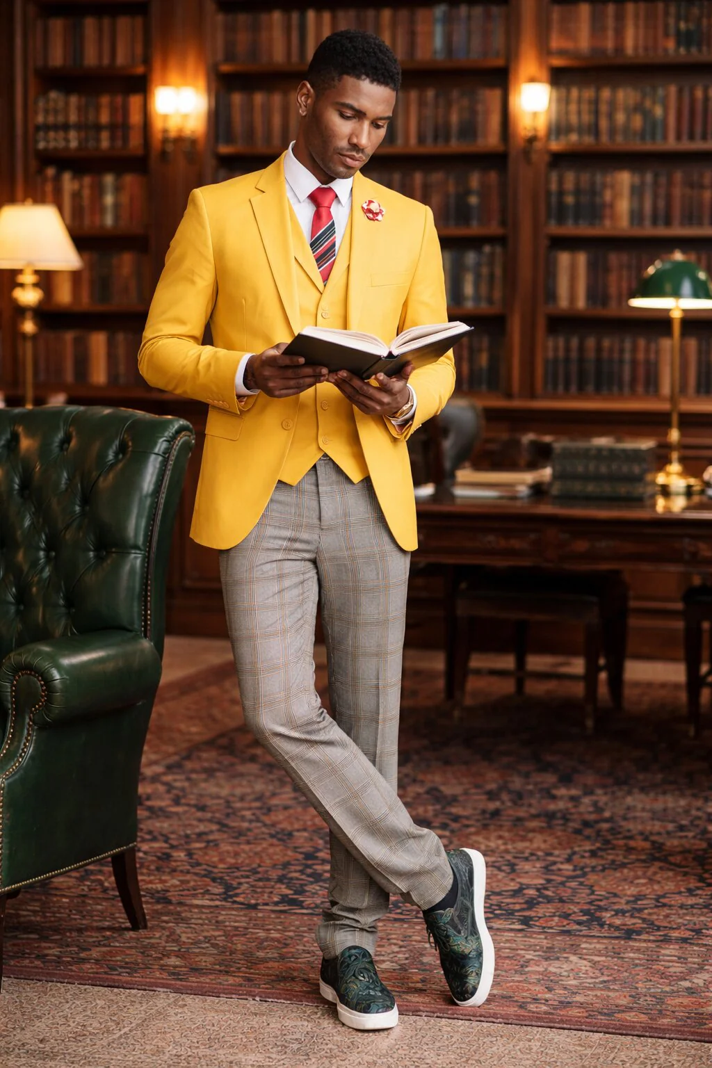 "Canary Yellow Men's Summer Suit with Two Button Vest & Plaid Pants" - Image 6