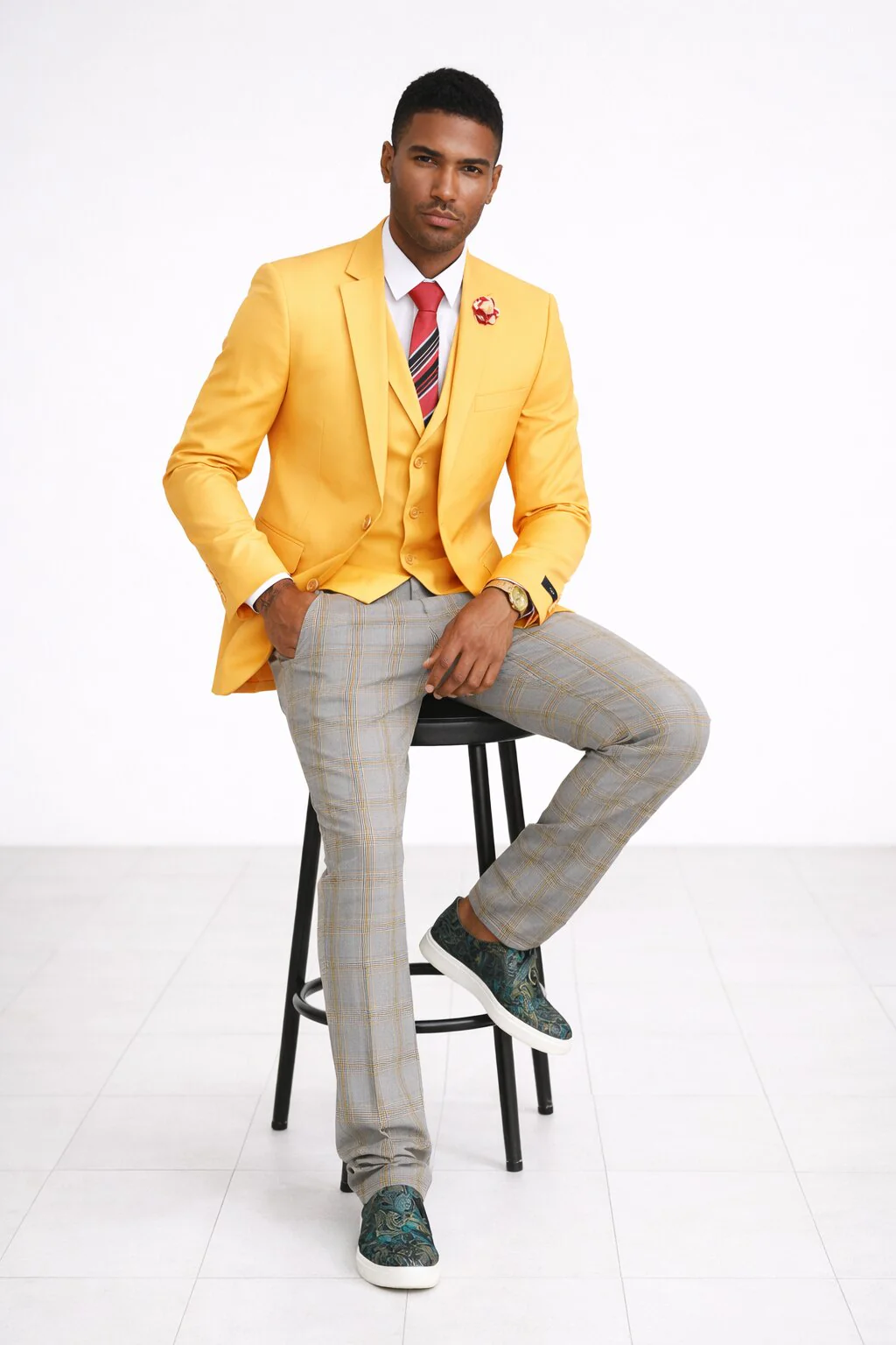 "Canary Yellow Men's Summer Suit with Two Button Vest & Plaid Pants" - Image 8
