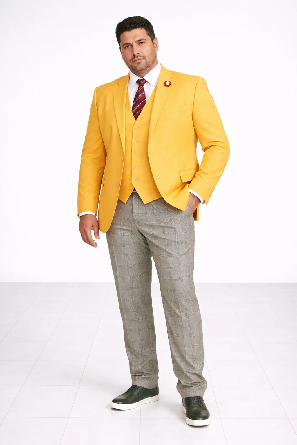 "Canary Yellow Men's Summer Suit with Two Button Vest & Plaid Pants" - Image 9