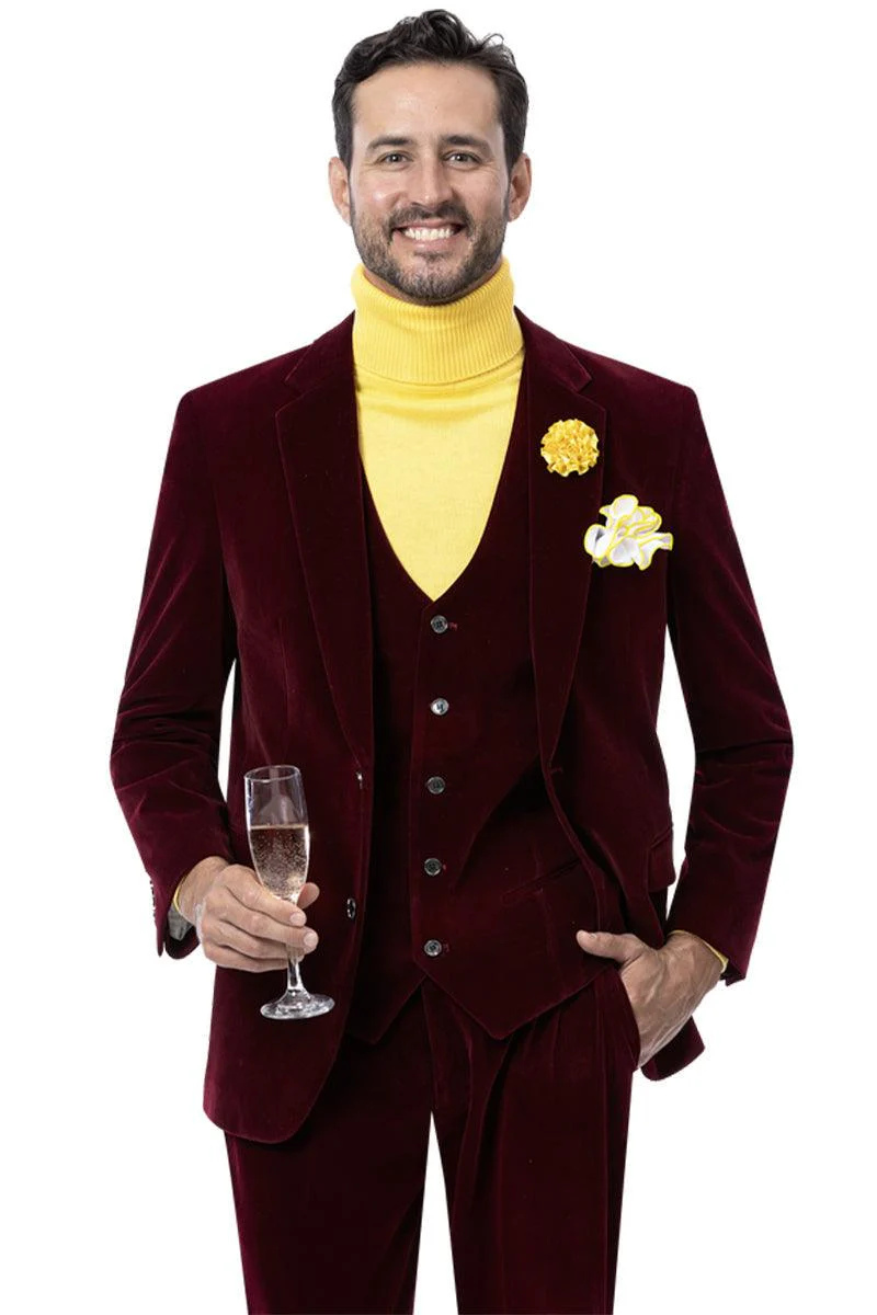 EJ Samuel Burgundy Velvet Men's Vested Suit – Classic 2-Button