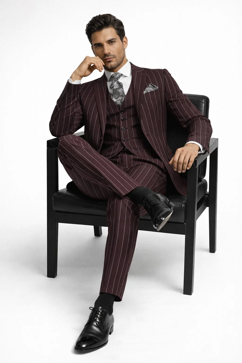 Mens Two Button Notch Lapel Burgundy Suit - Image 6