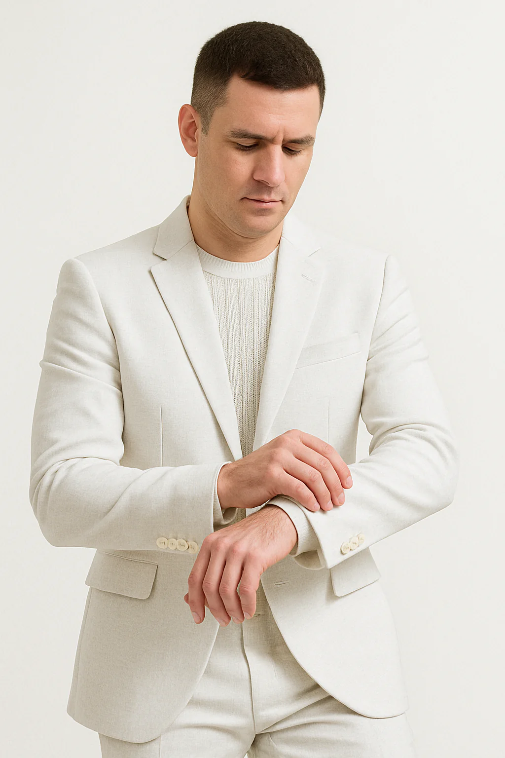 Mens Two Piece Linen Suit Relaxed Hybrid Fit No Collar - Image 12