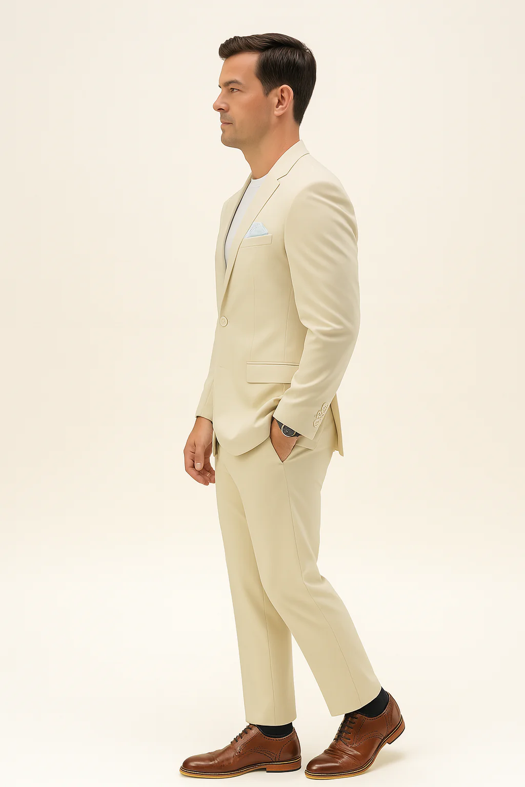 Mens Two Piece Linen Suit Relaxed Hybrid Fit No Collar - Image 5