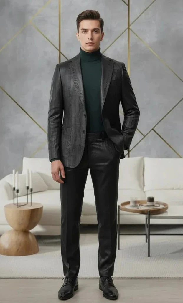 Mens Two Piece Slim Fit Suit One Button Notch Lapel Suit Black - Image 2