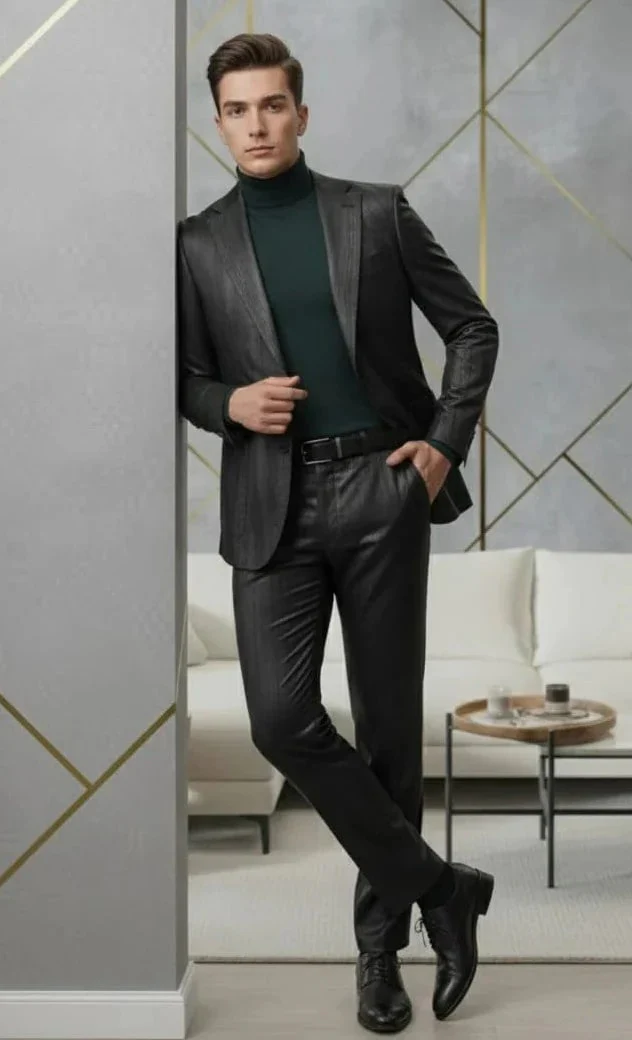 Mens Two Piece Slim Fit Suit One Button Notch Lapel Suit Black - Image 5