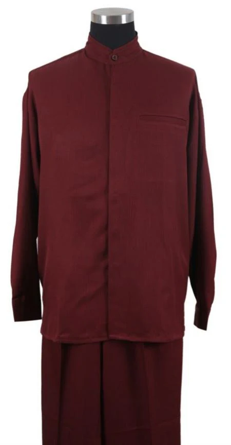 Mens Two Piece Walking Suit Solid Bend Collar Burgundy