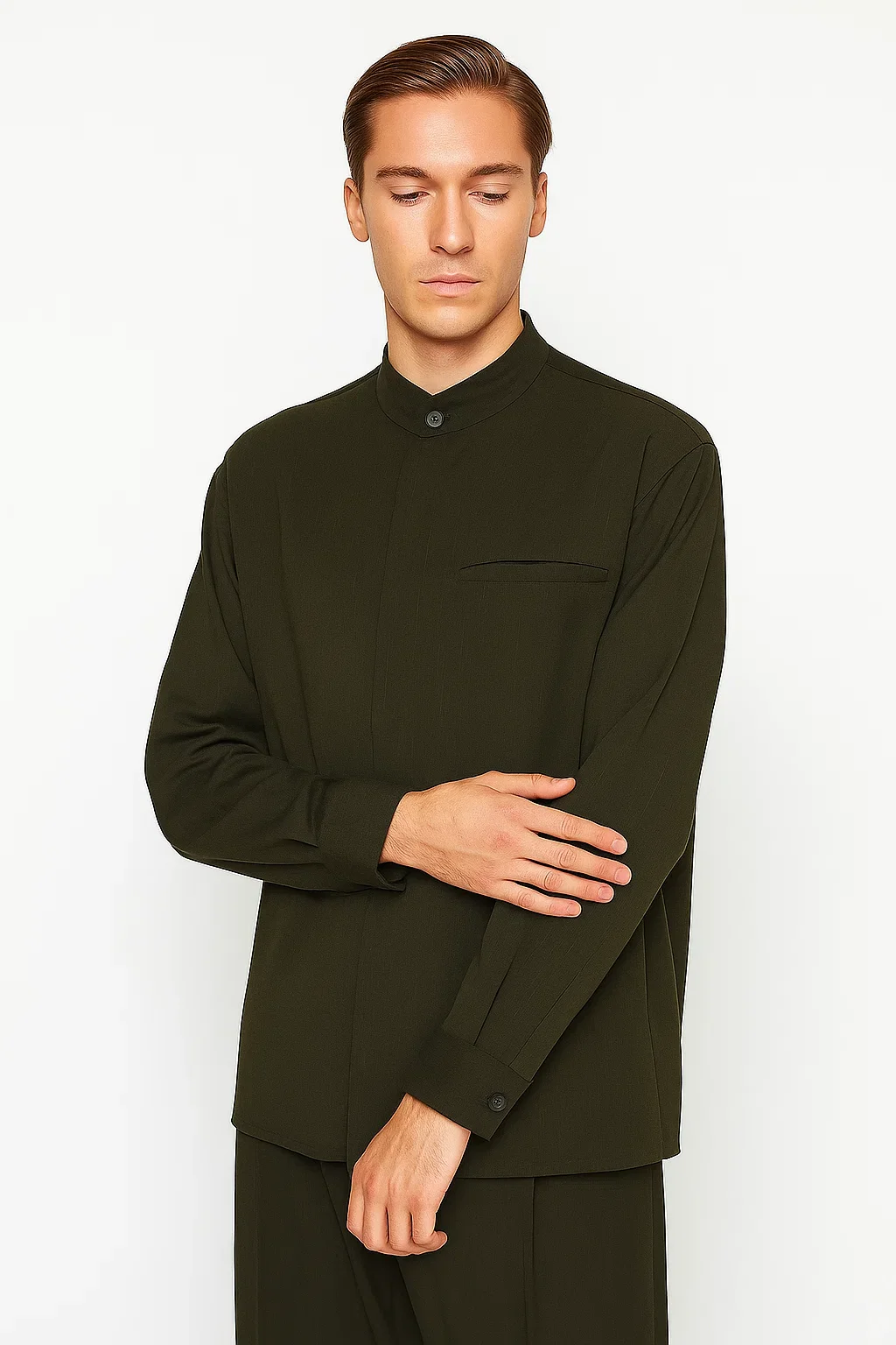 Mens Two Piece Walking Suit Solid Bend Collar Olive - Image 2