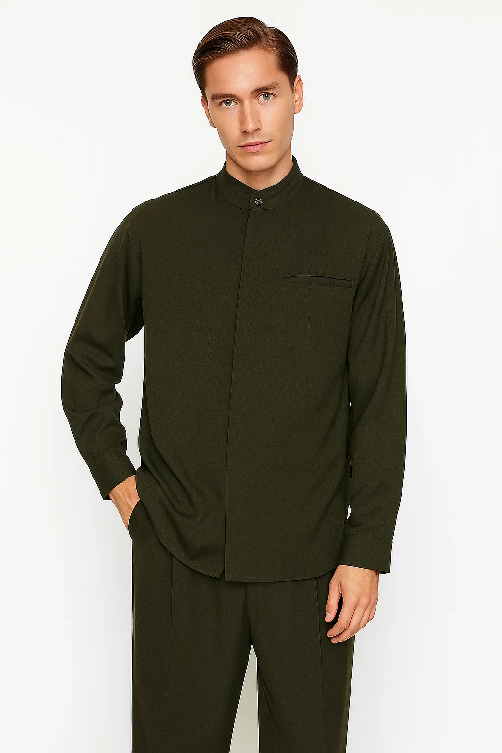 Mens Two Piece Walking Suit Solid Bend Collar Olive - Image 6