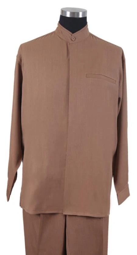 Mens Two Piece Walking Suit Solid Bend Collar Tan