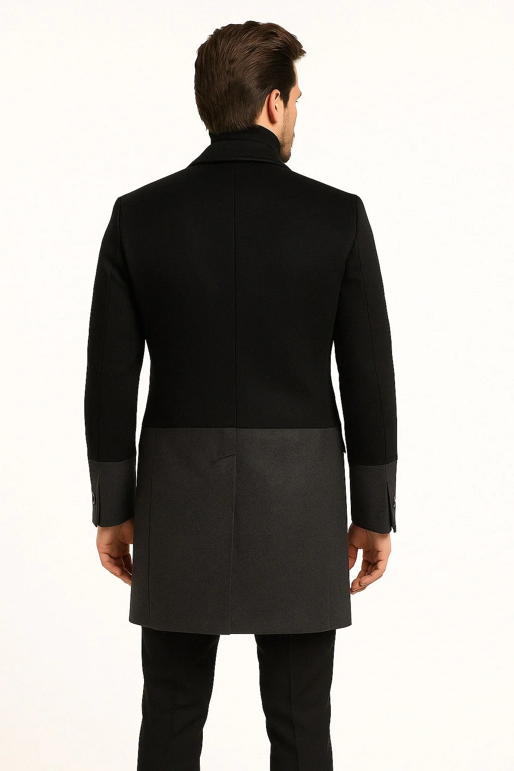 Mens Two-Tone Double-Breasted Overcoat in Black and Charcoal Gray Wool Fabric Topcoat - Image 2
