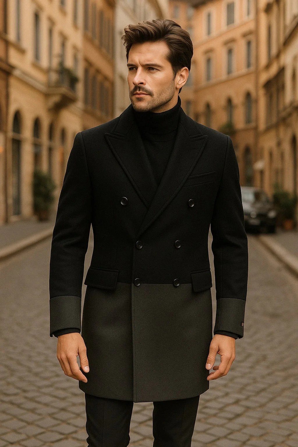 Mens Two-Tone Double-Breasted Overcoat in Black and Charcoal Gray Wool Fabric Topcoat - Image 3