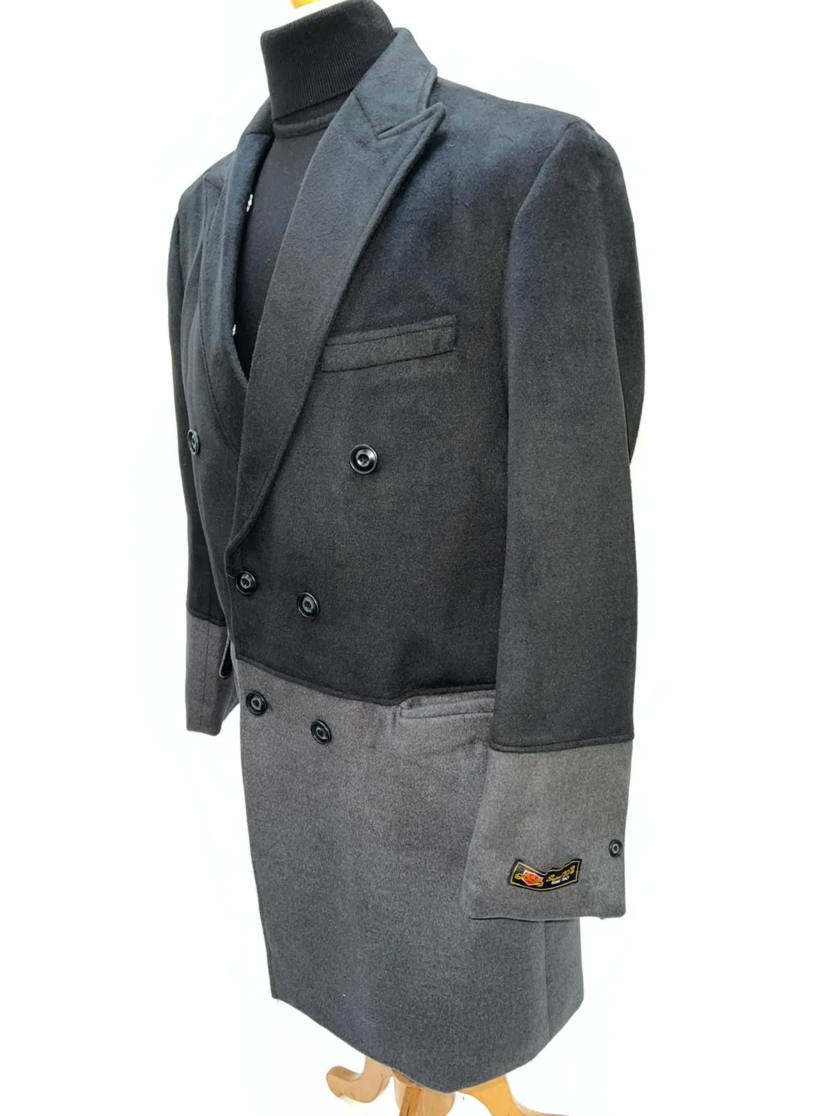 Mens Two-Tone Double-Breasted Overcoat in Black and Charcoal Gray Wool Fabric Topcoat - Image 4