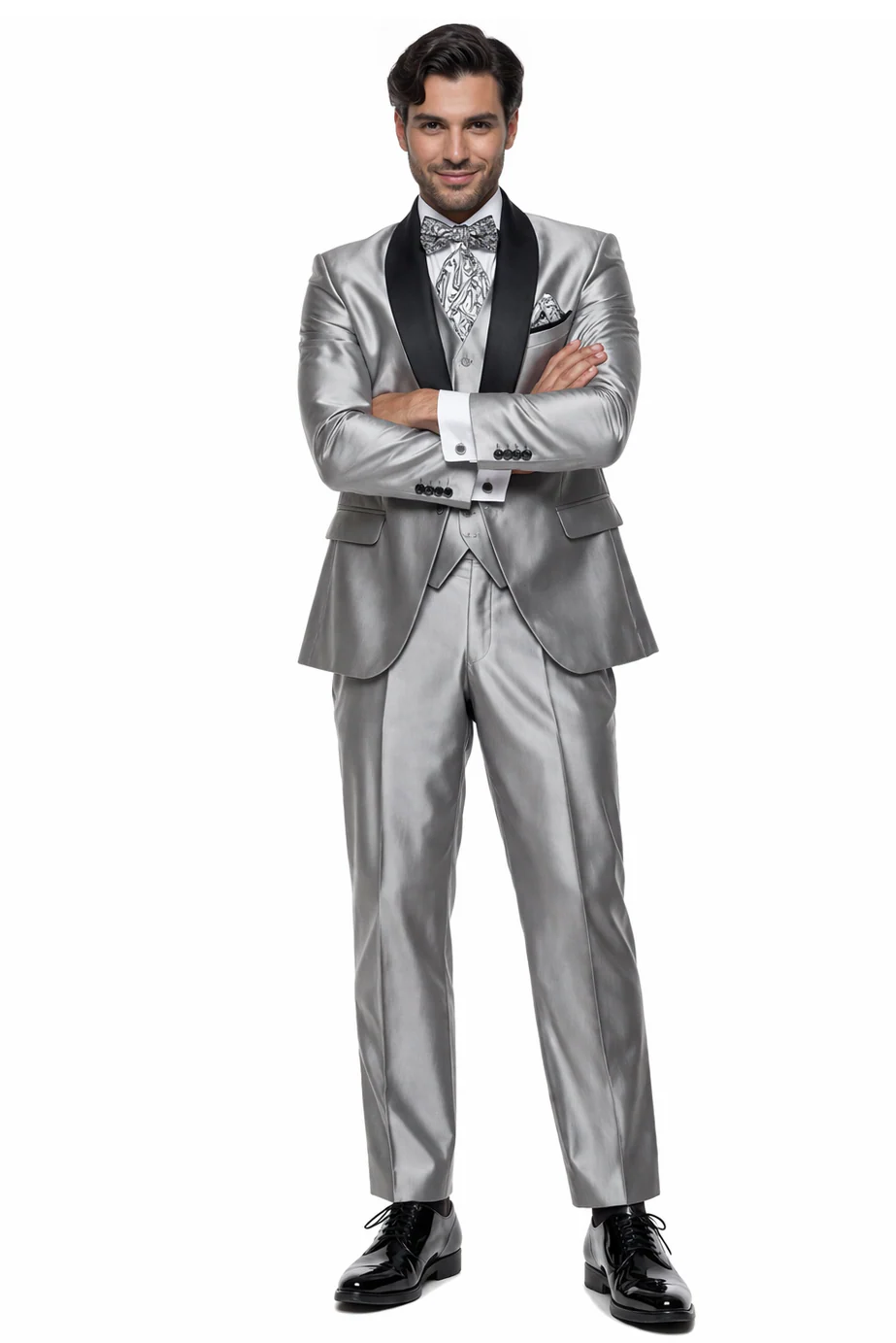 Men'S Two Toned Tuxedo Trimmed Jacket And Suit Silver Grey - Image 5