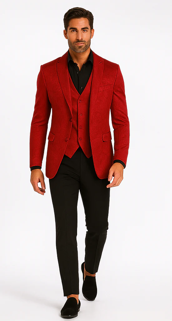 Velvet Paisley Blazer - Comes With Free Vest and Pants - Slim Fit - Red Chirstmad New Year Holiday Suit - Image 3